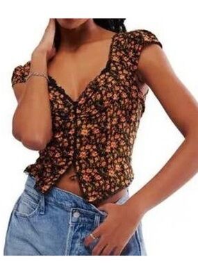NWT Free People| Black Floral Top XS